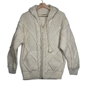 Native World 100% Wool Chunky Knit Zip Up Cardigan Sweater Hoodie Cream Sz L *